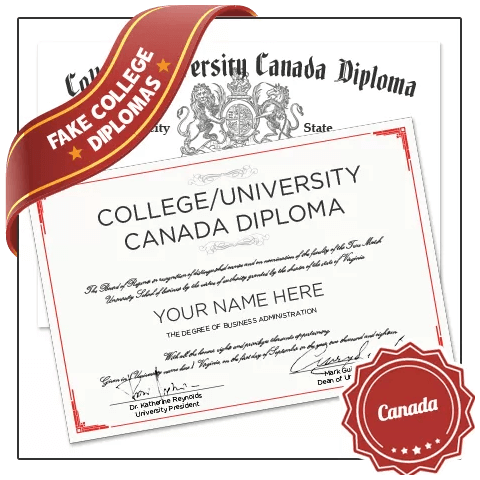 Signed diplomas from Canada university featuring real college layouts with coat of arms on fancy red border paper