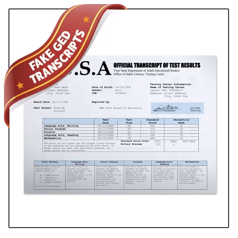 set of USA GED transcripts featuring testing center classes and adjusted score total on blue security paper