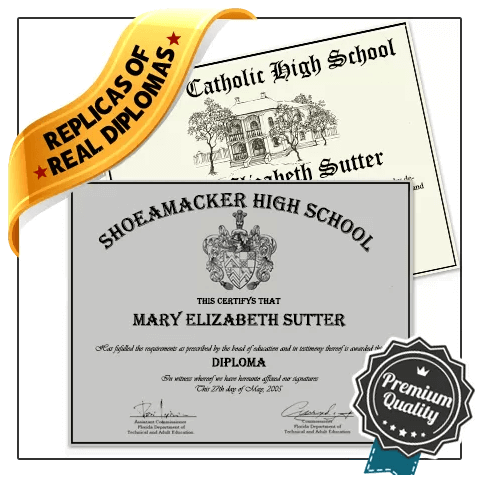 Replica of high school diplomas from private Catholic school with decorative watermark and real high school from 2005