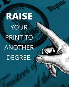 finger pointing to raised embossed seal on a fake diploma print